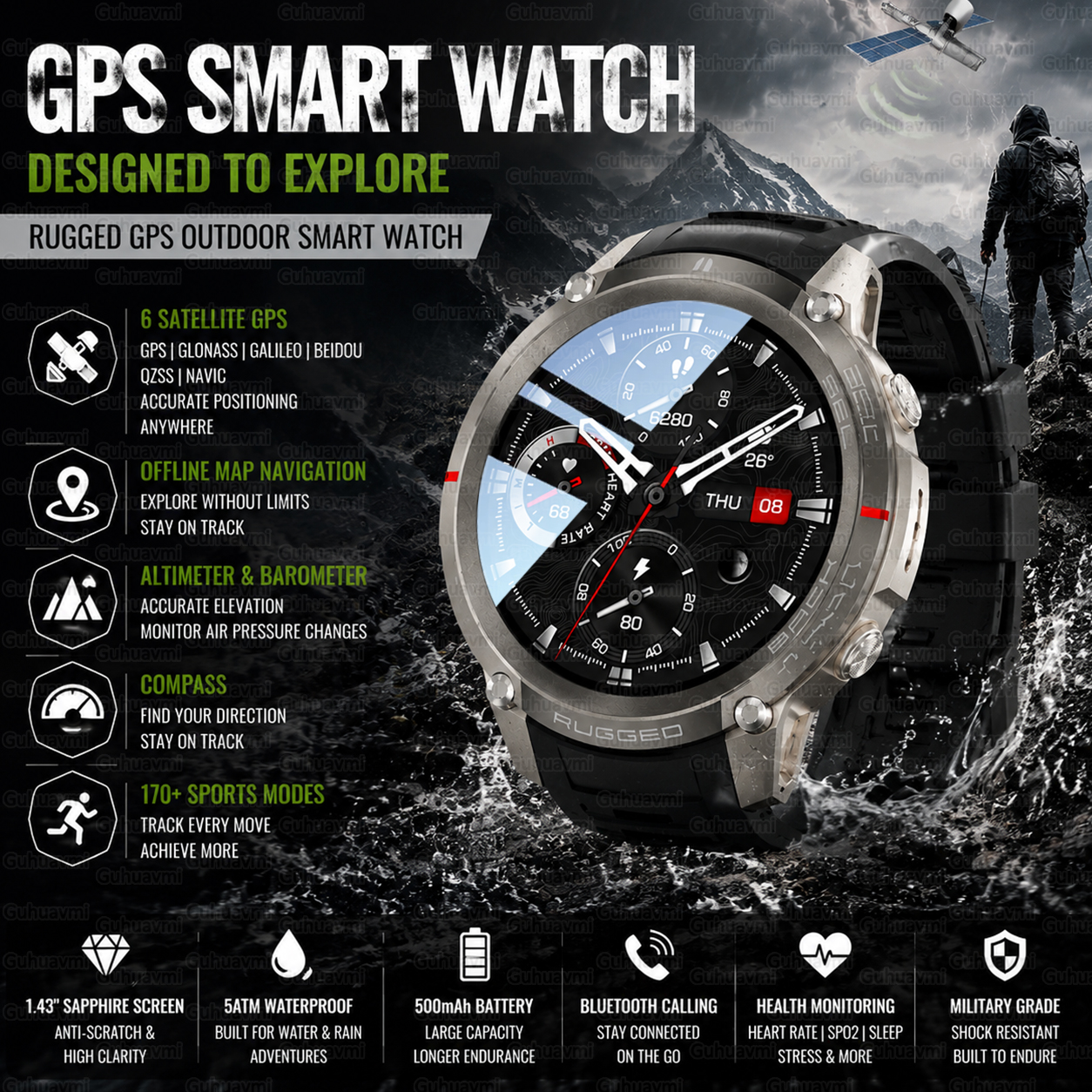 야외 전술 GPS 스마트워치 오프라인 지도 나침반 심박 - Outdoor Adventure World 리뷰 및 가격
